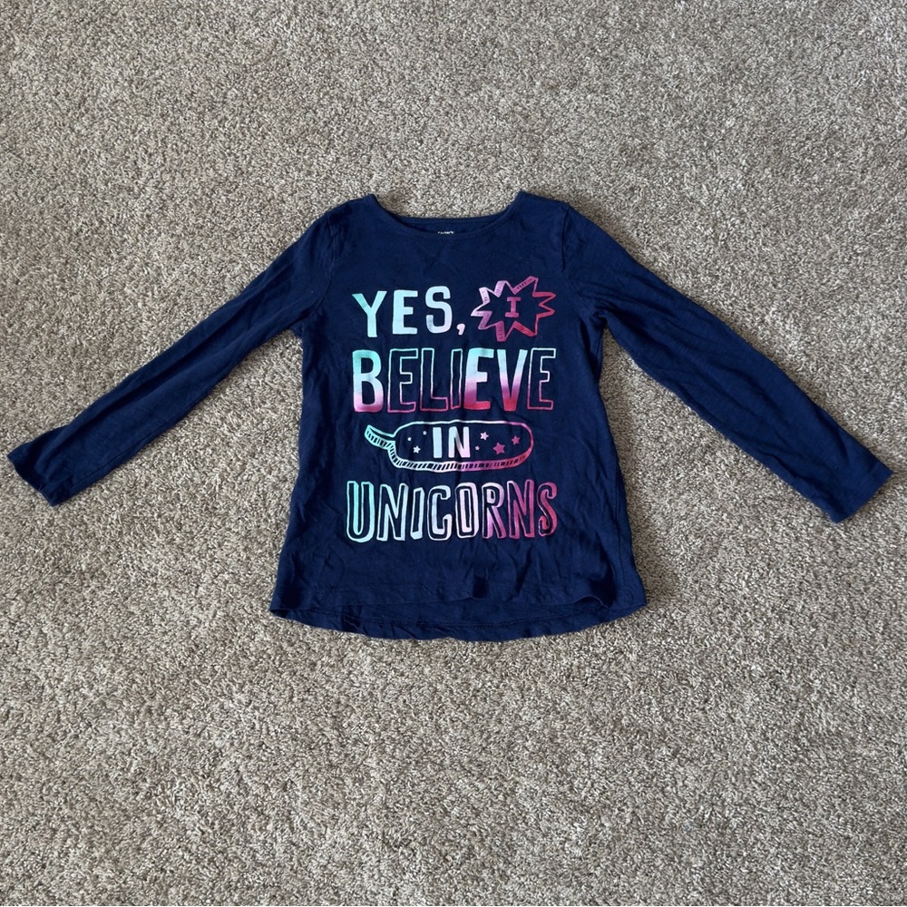 Carters girls longsleeve tshirt tee I Believe in Unicorns Navy Blue Shirt size 7